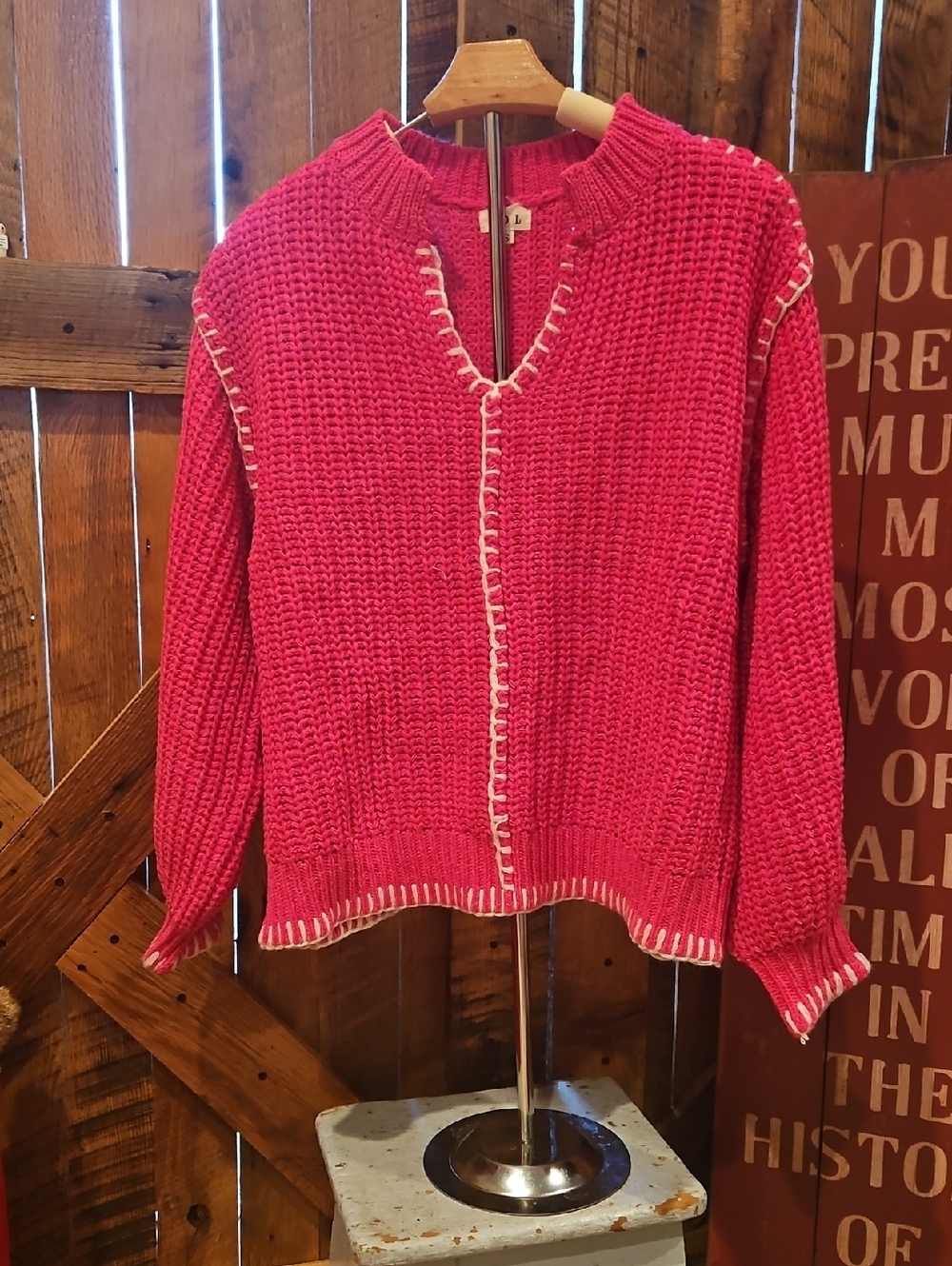 398 POL Hot Pink V-Notch Chunky Knit Sweater with White Contrast Trim